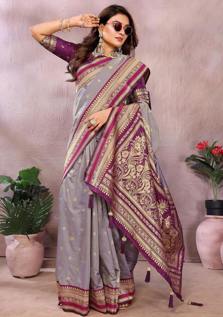 Lavender Embroidered Blended Saree Set - Indya