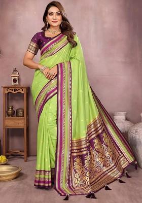 Green Embroidered Blended Saree Set