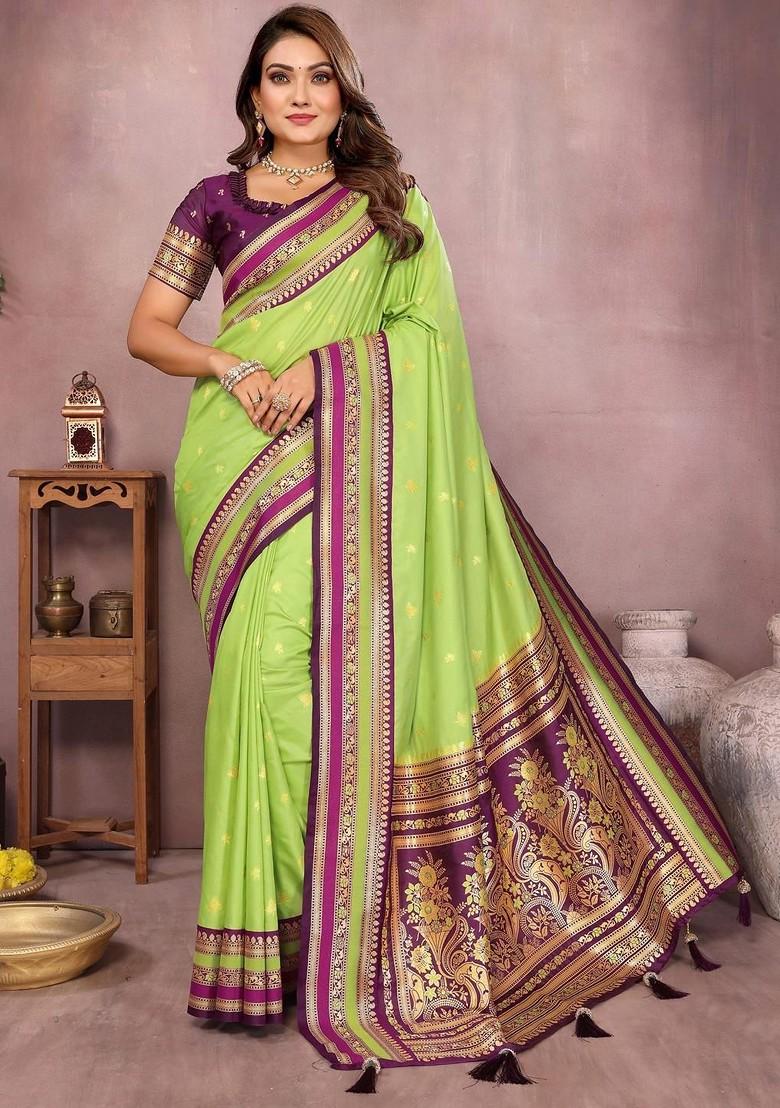 Green Embroidered Blended Saree Set - Indya