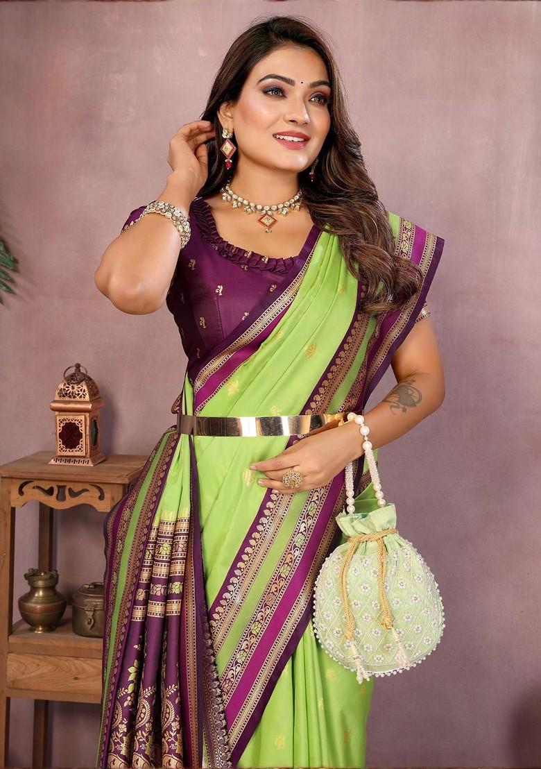 Green Embroidered Blended Saree Set - Indya