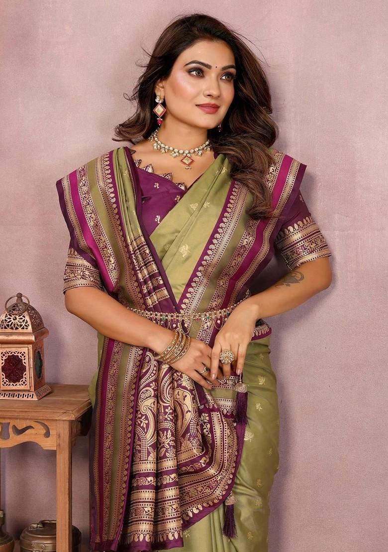 Olive Embroidered Blended Saree Set - Indya