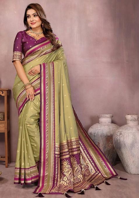 Olive Embroidered Blended Saree Set