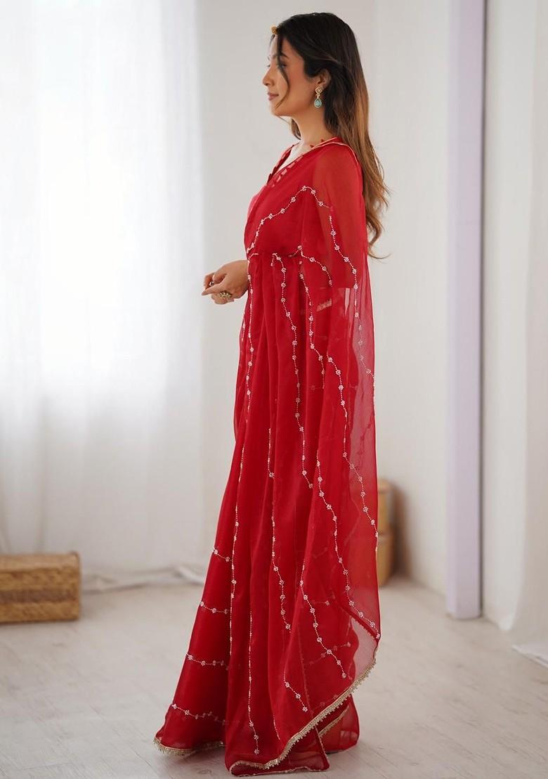 Red Embroidered Blended Saree Set - Indya