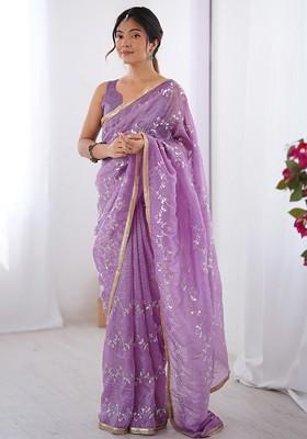 Lavender Embroidered Blended Saree Set