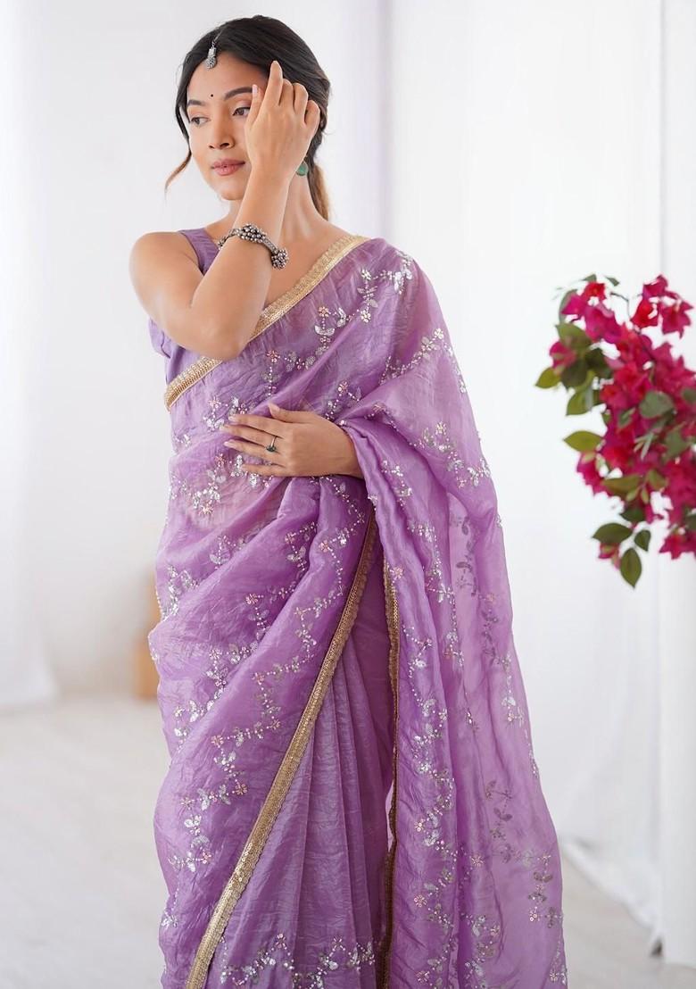 Lavender Embroidered Blended Saree Set - Indya