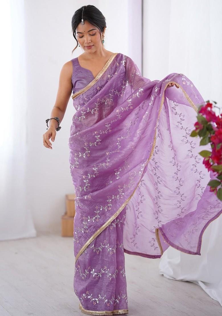 Lavender Embroidered Blended Saree Set - Indya
