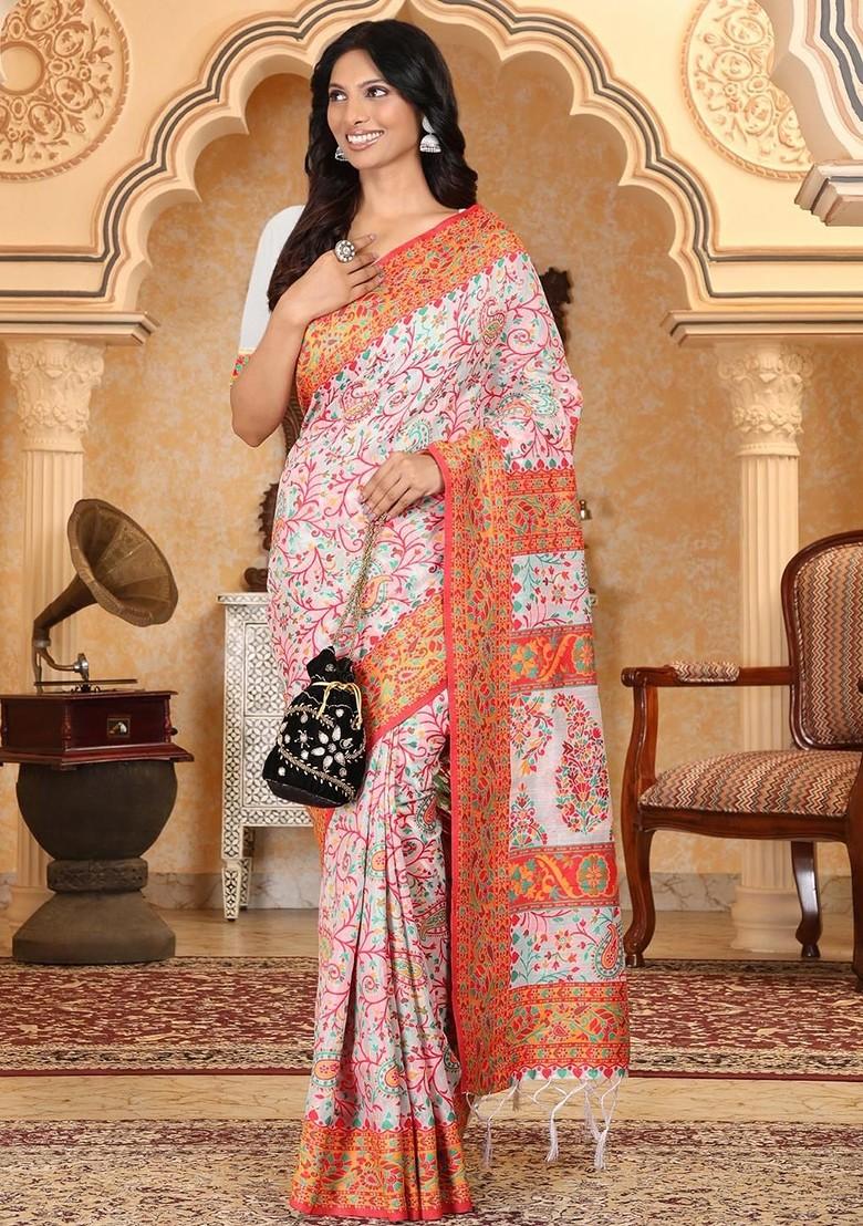Off White Embroidered Blended Saree Set - Indya