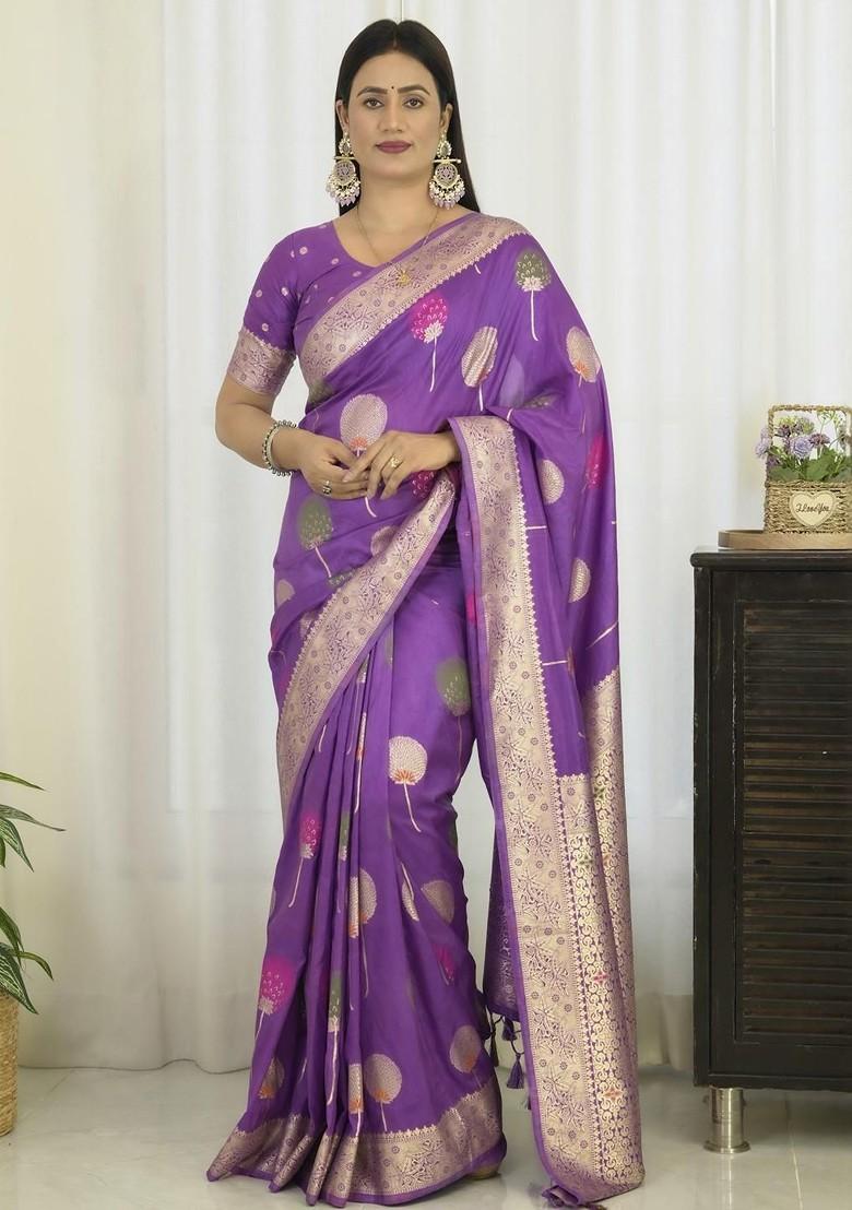 Lavender Embroidered Blended Saree Set - Indya