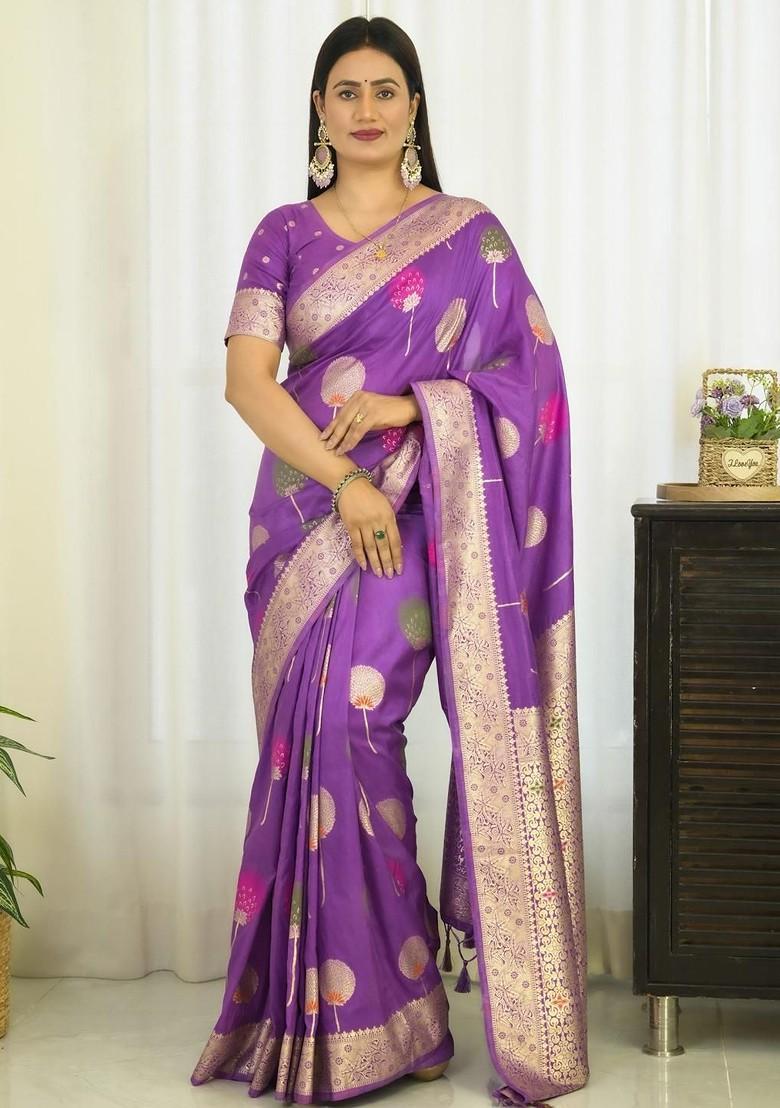 Lavender Embroidered Blended Saree Set - Indya
