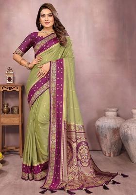 Olive Embroidered Blended Saree Set