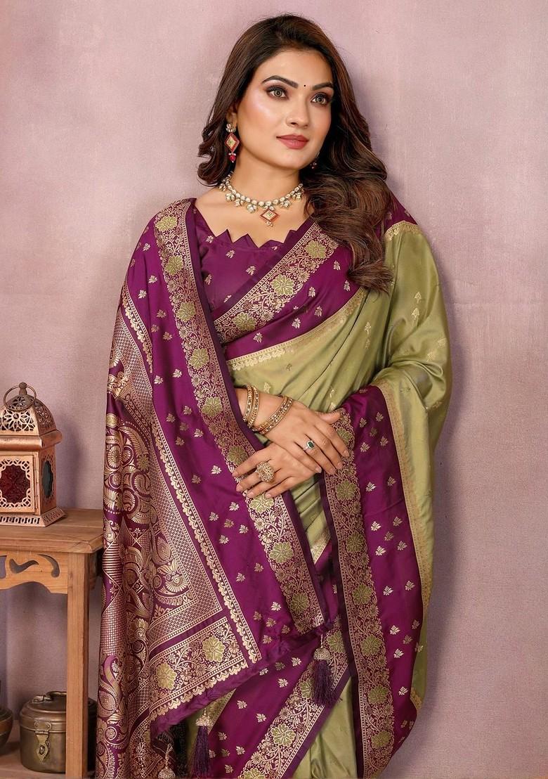 Olive Embroidered Blended Saree Set - Indya