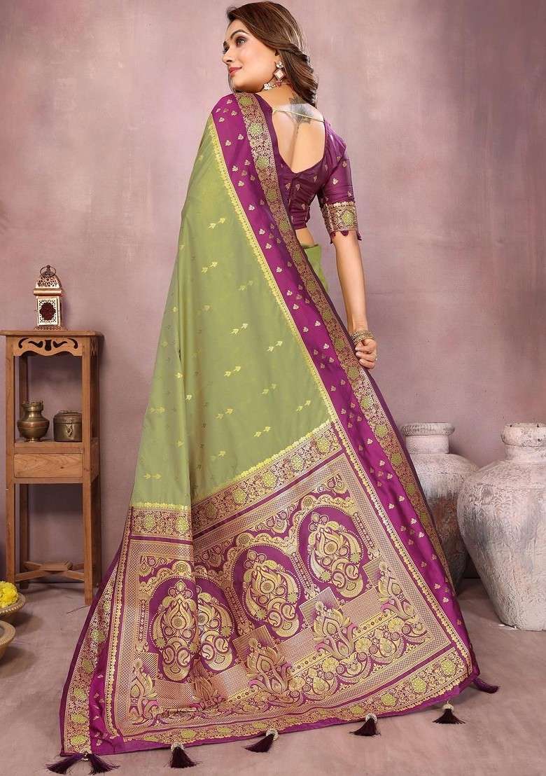Olive Blended Saree Set with Embroidered for Diwali | Wedding & Festive Wear - Indya