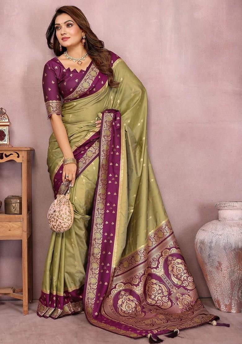 Olive Embroidered Blended Saree Set - Indya