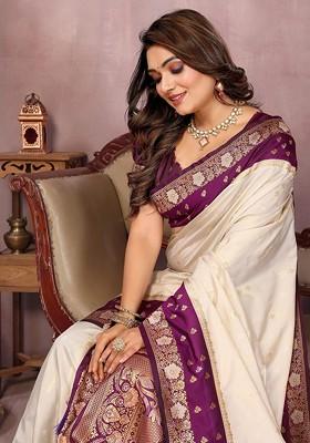 White Embroidered Blended Saree Set