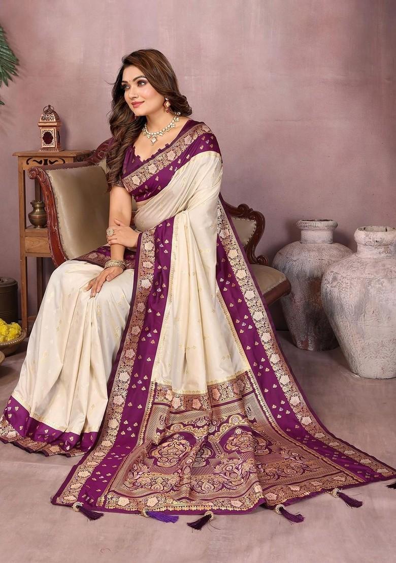 White Embroidered Blended Saree Set - Indya
