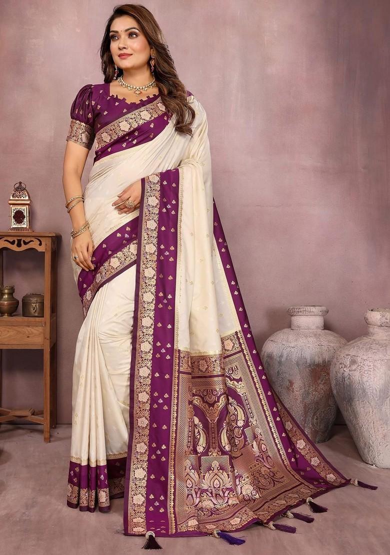 White Embroidered Blended Saree Set - Indya