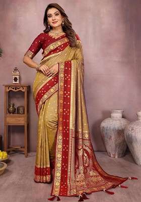 Beige Embroidered Blended Saree Set