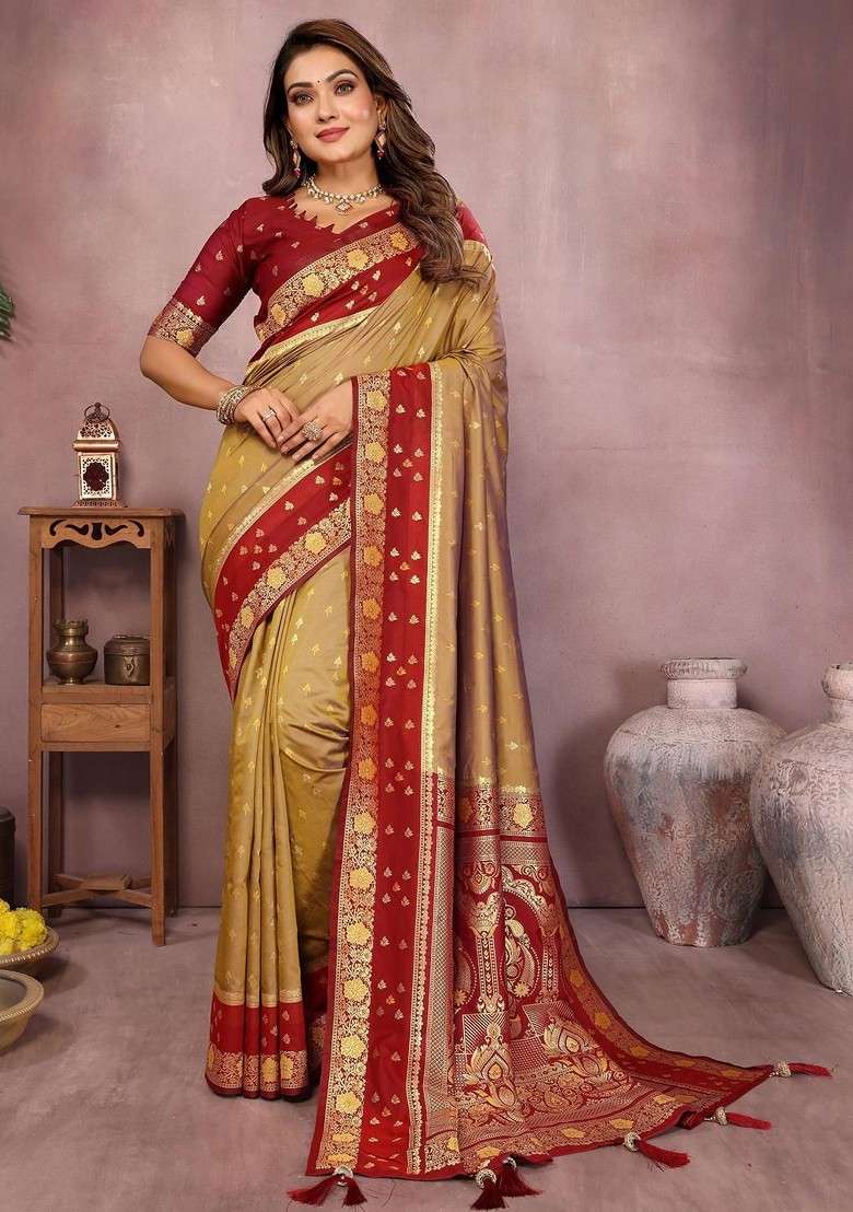 Beige Embroidered Blended Saree Set for Diwali and Festive Wear - Indya