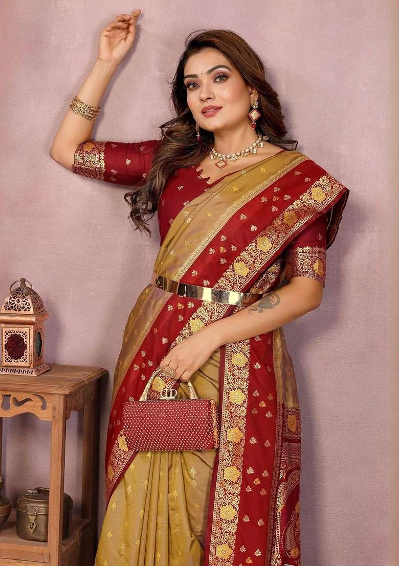 Beige Embroidered Blended Saree Set for Diwali and Festive Wear - Indya