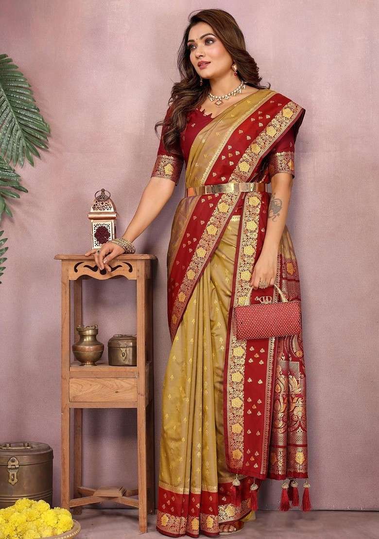 Beige Embroidered Blended Saree Set - Indya