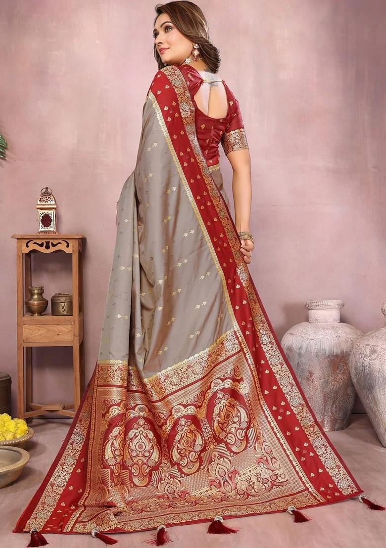 Grey Embroidered Blended Saree Set - Indya