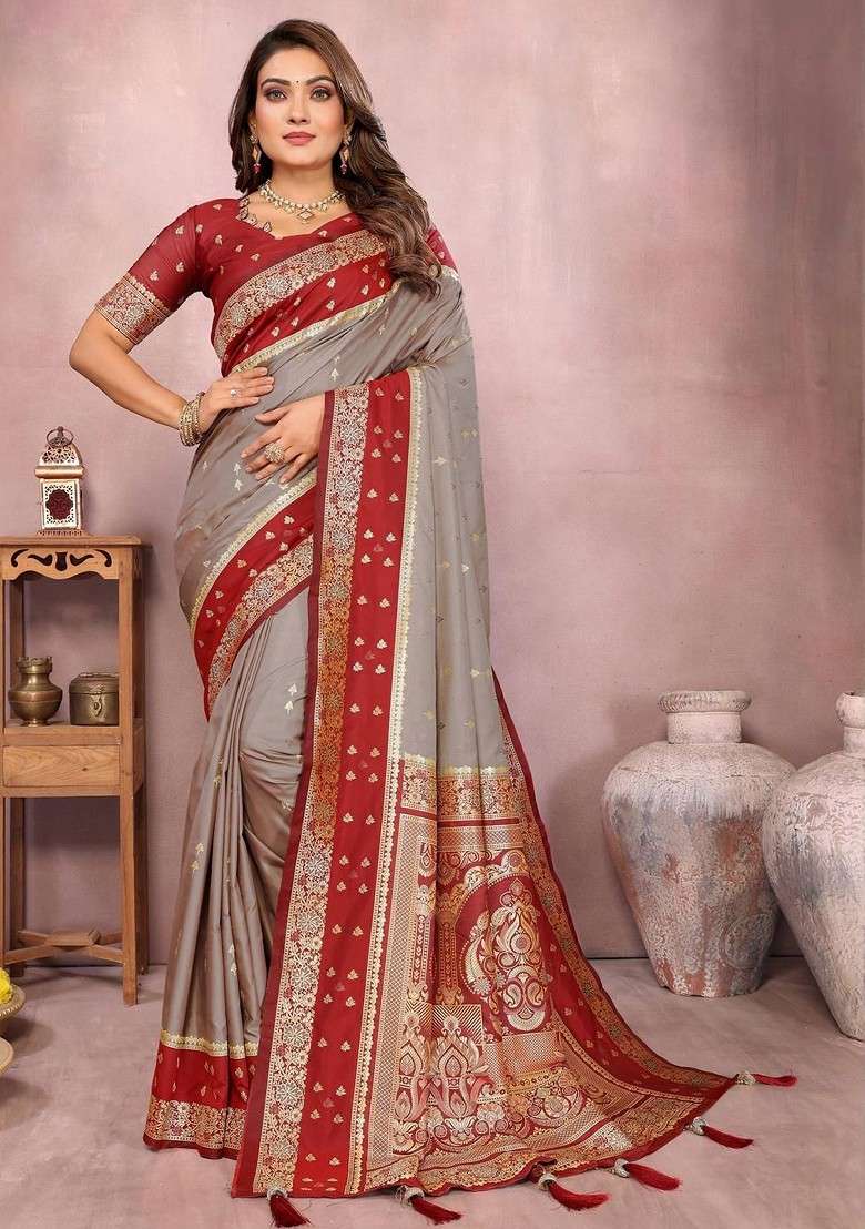 Grey Blended Saree Set with Embroidered for Diwali | Wedding & Festive Wear - Indya