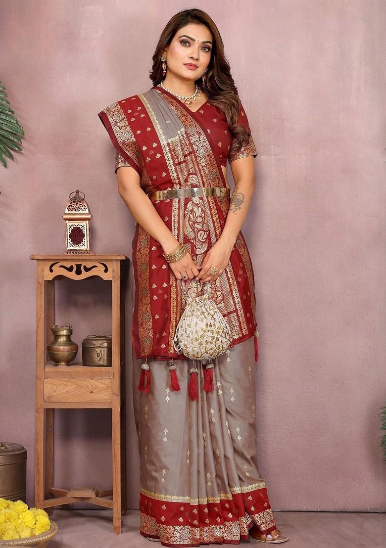 Grey Embroidered Blended Saree Set - Indya