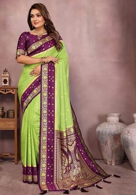 Green Embroidered Blended Saree Set
