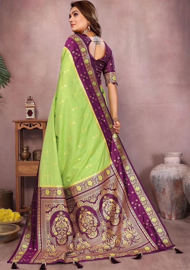 Green Embroidered Blended Saree Set - Indya