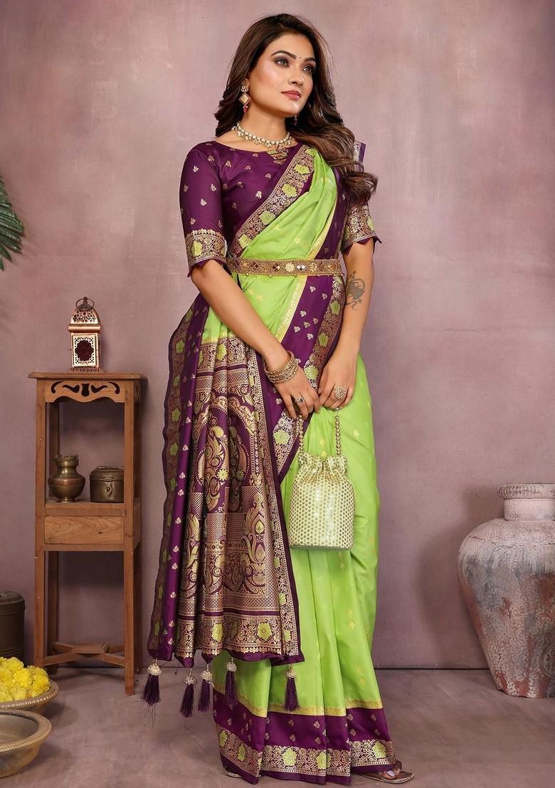 Green Embroidered Blended Saree Set - Indya