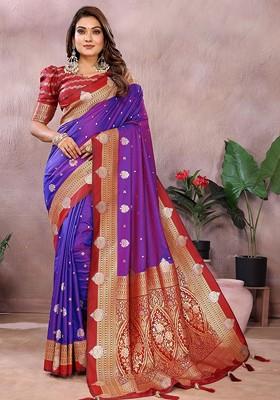 Purple Embroidered Blended Saree Set