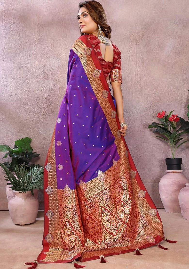 Purple Embroidered Blended Saree Set - Indya
