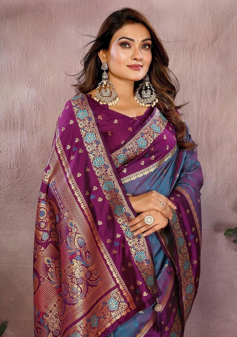 Violet Embroidered Blended Saree Set - Indya