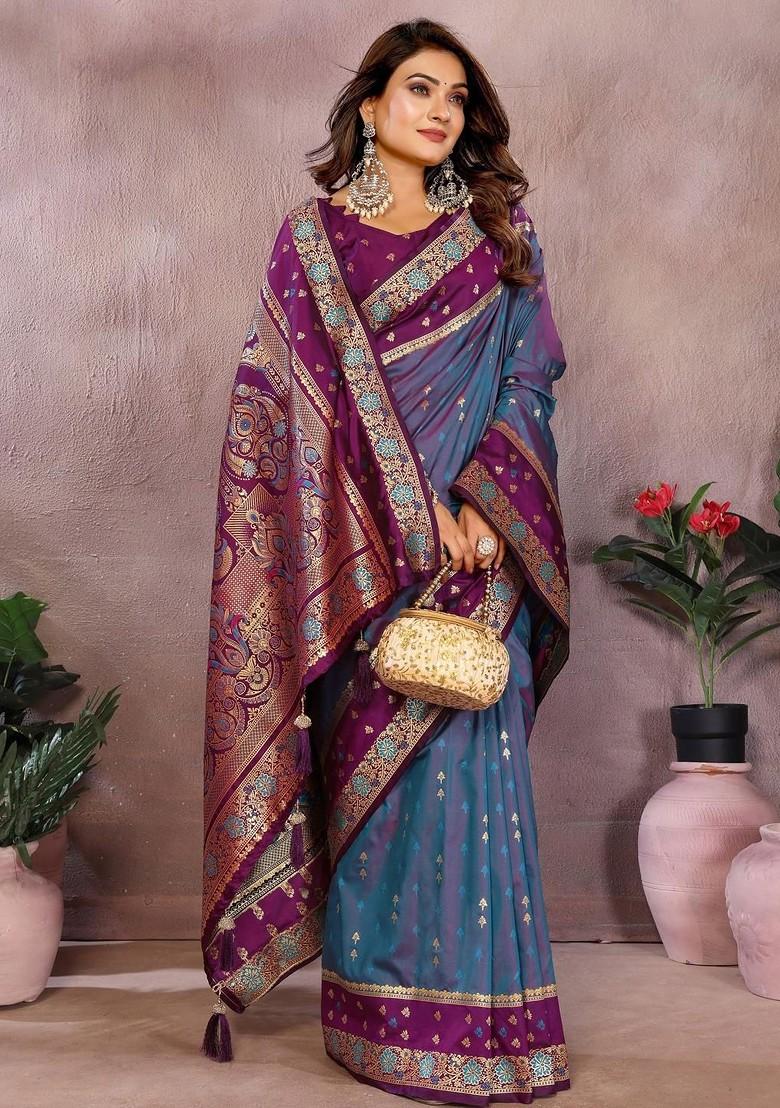 Violet Embroidered Blended Saree Set - Indya