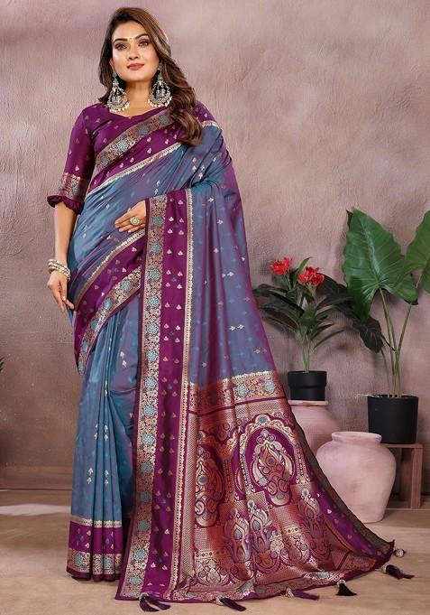Violet Embroidered Blended Saree Set — view on Indya