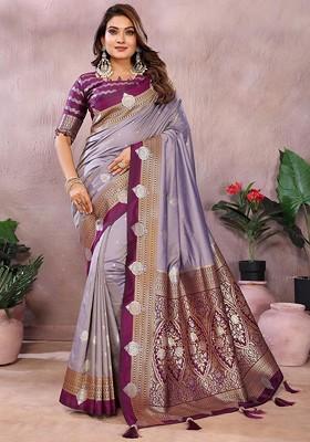 Lavender Embroidered Blended Saree Set