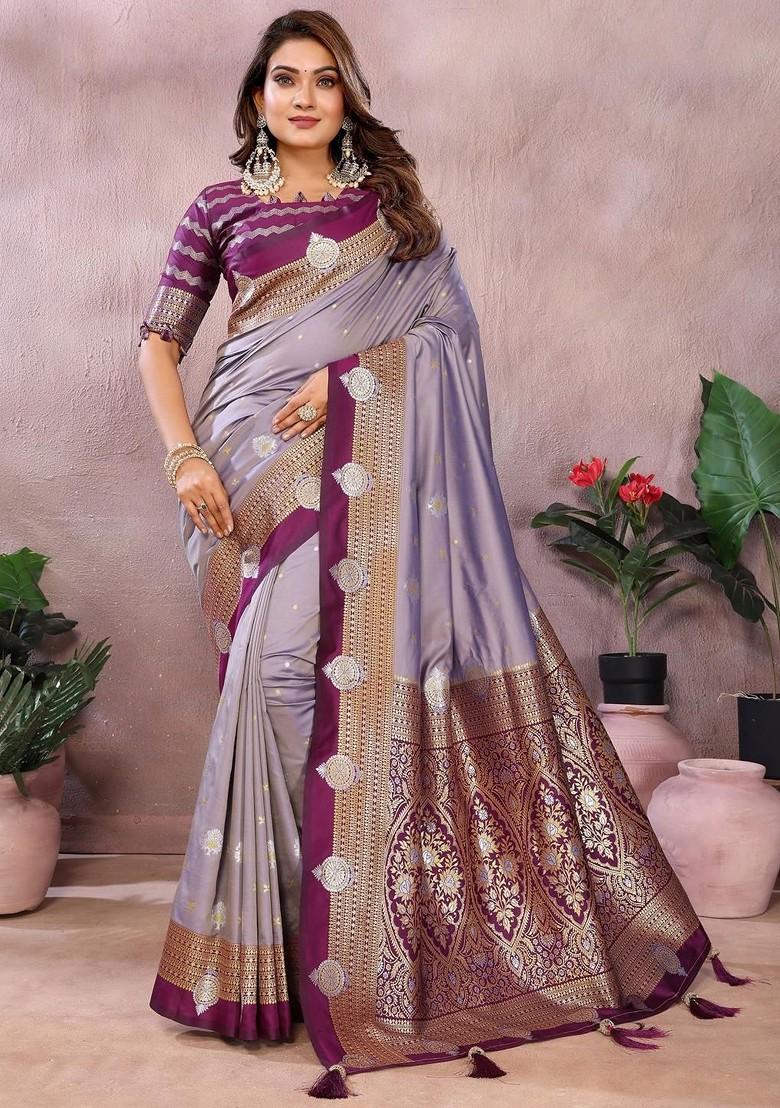 Lavender Embroidered Blended Saree Set - Indya