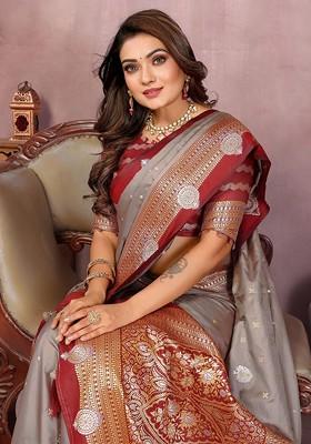 Grey Embroidered Blended Saree Set