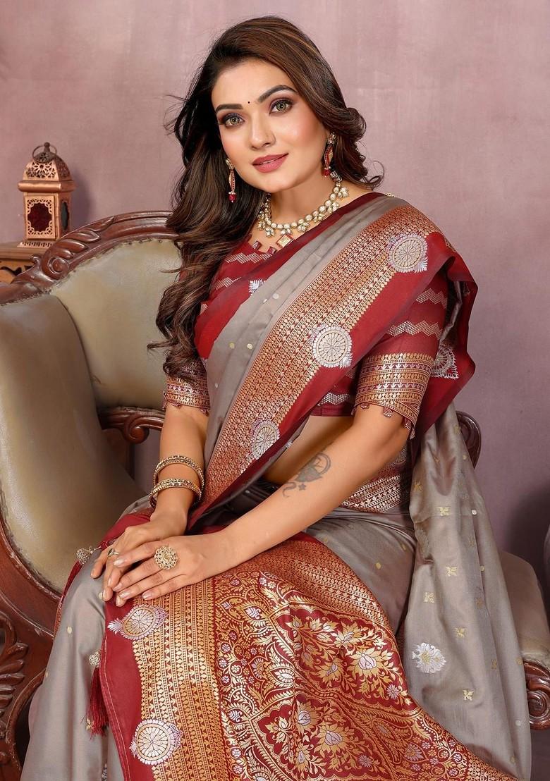 Grey Embroidered Blended Saree Set - Indya