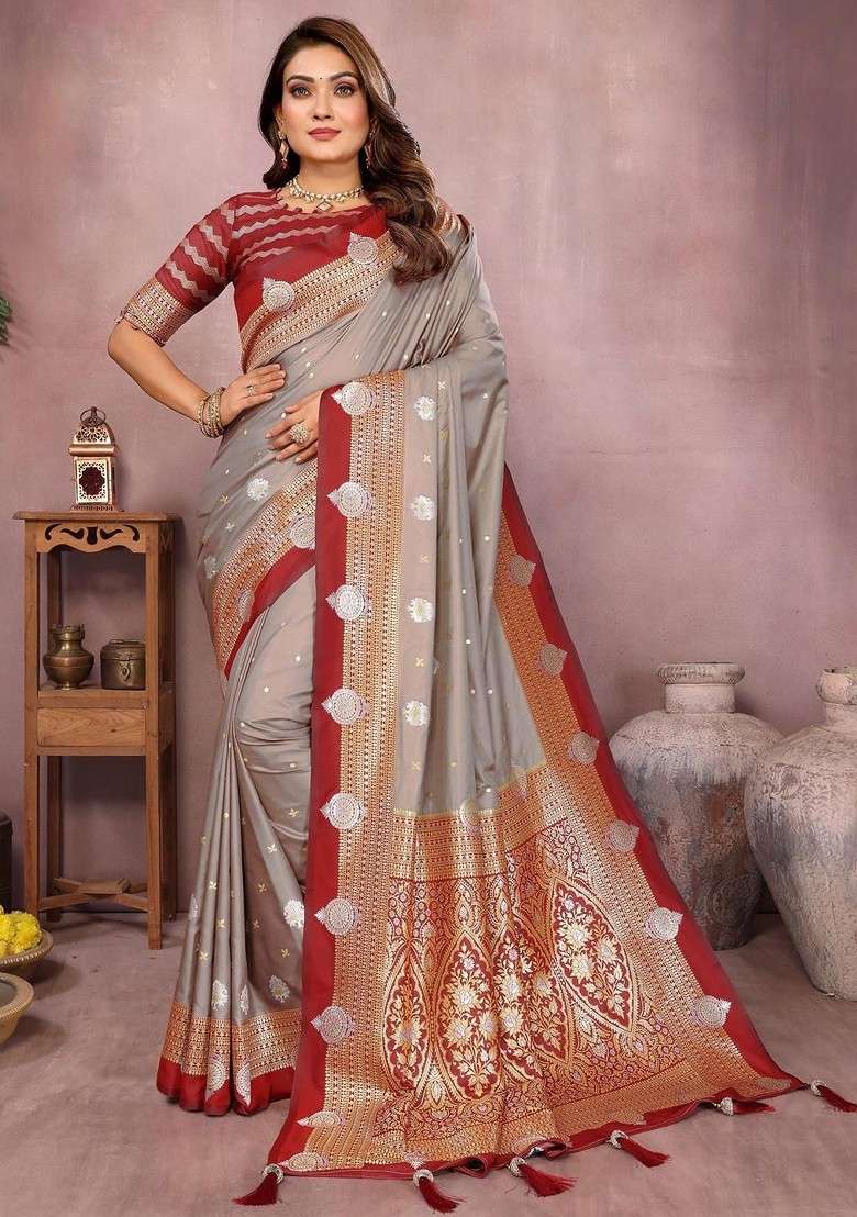 Grey Embroidered Blended Saree Set for Diwali and Festive Wear - Indya