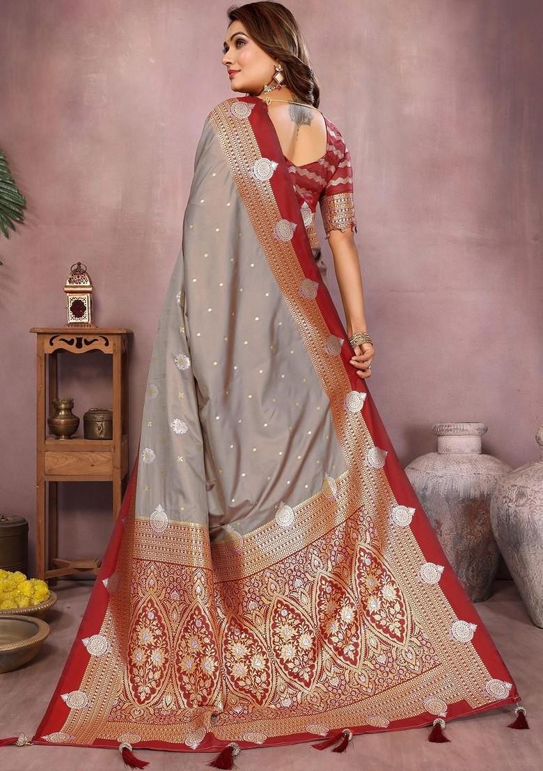 Grey Embroidered Blended Saree Set - Indya