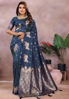 Blue Embroidered Blended Saree Set