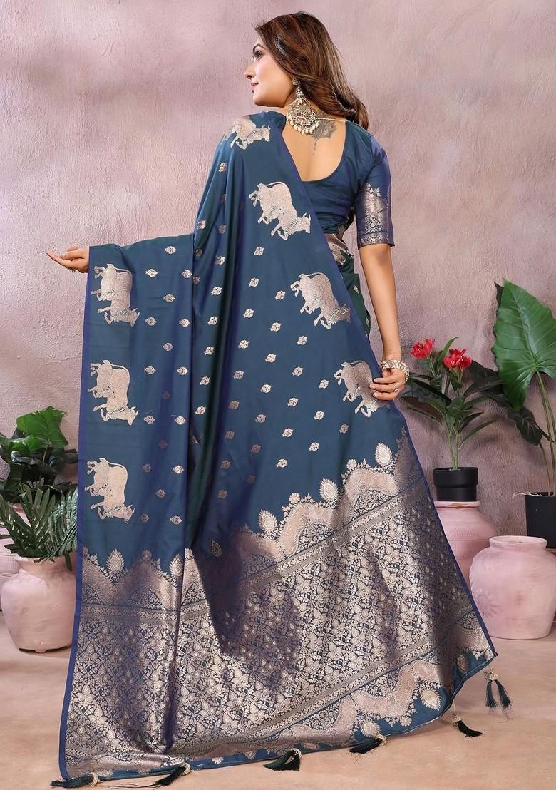 Blue Embroidered Blended Saree Set - Indya