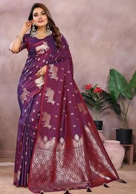 Purple Embroidered Blended Saree Set