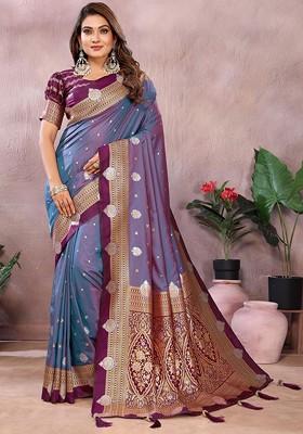 Violet Embroidered Blended Saree Set