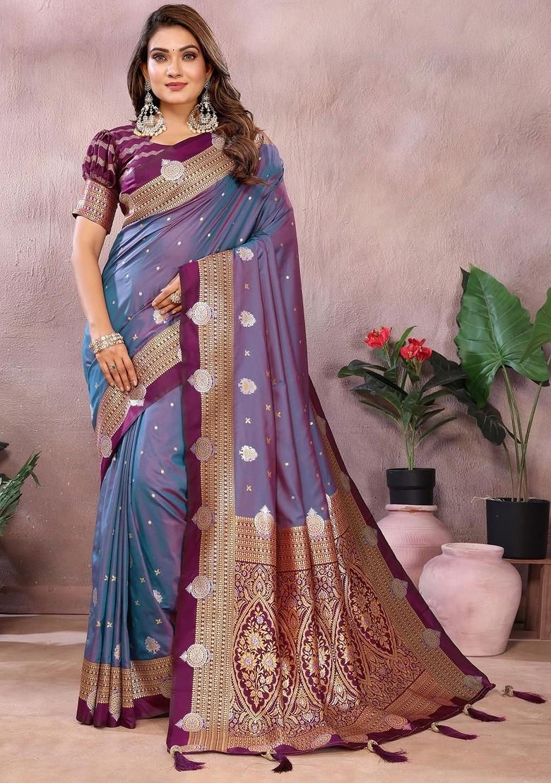 Violet Embroidered Blended Saree Set - Indya