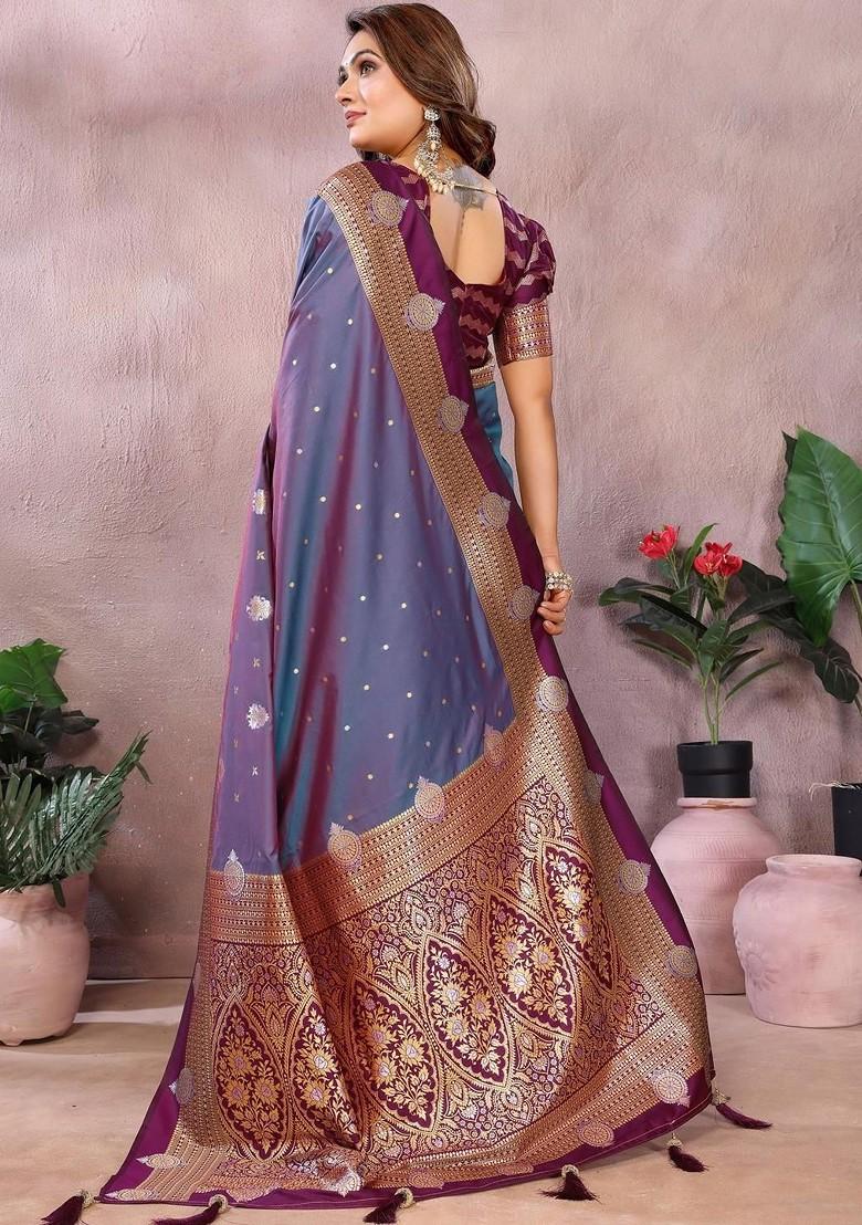 Violet Embroidered Blended Saree Set - Indya