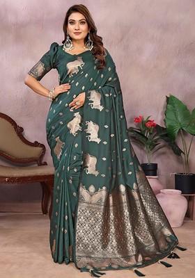 Green Embroidered Blended Saree Set