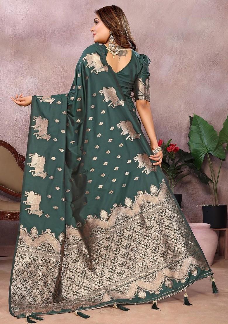 Green Embroidered Blended Saree Set - Indya