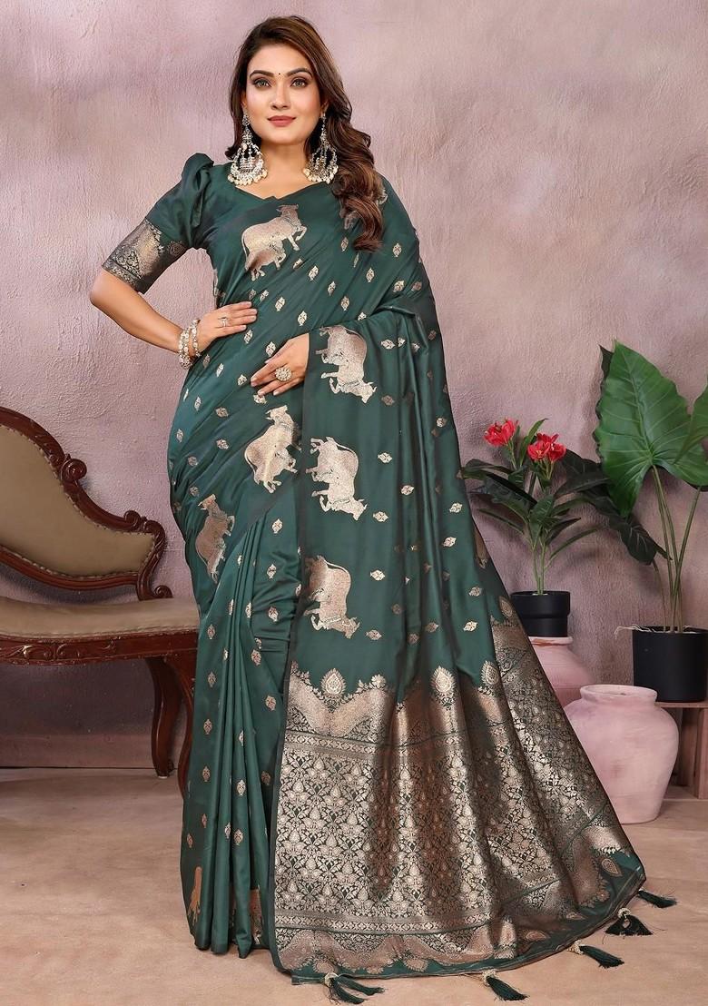 Green Embroidered Blended Saree Set - Indya
